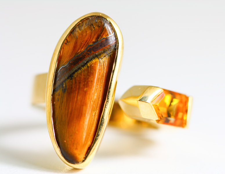 18k yellow gold tiger's-eye and citrine open ring