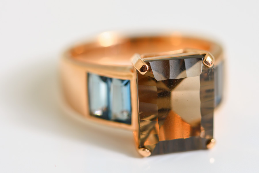 18k rose gold smoky quartz and london blue topaz ring